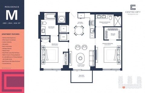A floor plan of a residence with a living room, dining room, kitchen, and two bedrooms.